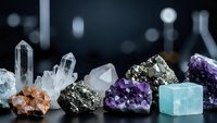Collection of natural mineral crystals and gemstones including quartz, amethyst, pyrite and fluorite specimens arranged on dark surface for geology study.
