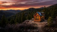 Tiny house nestled in forested mountains at golden hour sunset, with warm interior lighting glowing through windows, surrounded by evergreen trees and rocky terrain.