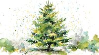 Vibrant watercolor evergreen pine tree with colorful paint splatter effect on white background, creating a festive holiday atmosphere.