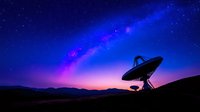 Radio telescope silhouette against vibrant night sky with Milky Way galaxy, purple and blue cosmic starry background over mountain landscape at sunset.