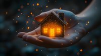 Glowing miniature house with warm light in open palm against dark background, magical sparkles and snow creating cozy winter atmosphere.