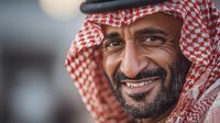 Middle Eastern man with beard wearing traditional red and white checkered keffiyeh headdress smiling warmly against blurred background.