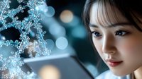 Young Asian woman looking at digital tablet screen with glowing bokeh lights and decorative snowflake elements creating magical winter atmosphere.