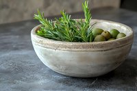 Fresh green olives and aromatic rosemary sprigs in rustic ceramic bowl on dark concrete surface, moody natural lighting creates appetizing Mediterranean mood.
