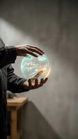Businessman hands protecting glowing digital sphere with futuristic holographic display showing data visualization and technological innovation concepts.