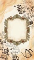 Vintage coffee frame with ornate floral border surrounded by hand-drawn brewing equipment including grinders, cups, and kettles on warm watercolor background.