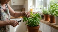 Senior woman trimming fresh basil herbs in sunny kitchen with terracotta pots on windowsill for cooking and gardening at home.
