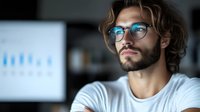 Young bearded Caucasian male professional in glasses and white t-shirt looking thoughtfully away while working late at office with computer screen in background.