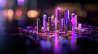 Futuristic cityscape with glowing purple neon skyscrapers reflecting in water at night, digital circuit patterns create modern metropolis visualization. Suitable for tech backgrounds.