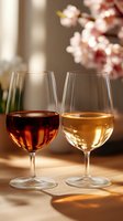 Two wine glasses filled with rose and white wine on wooden surface with soft natural lighting and cherry blossoms in background creating romantic atmosphere.