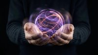 Businessman holding glowing digital globe with purple energy lines, representing global technology, connectivity, and innovation for business solutions.