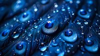 Mesmerizing blue peacock feathers with water droplets creating magical bokeh effect, macro photography showing intricate natural patterns and reflections in dark tones.