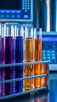 Laboratory test tubes with colorful chemical solutions in rack for scientific research and analysis in modern lab with digital equipment background.
