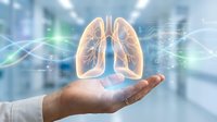 Human hand presenting holographic lungs with digital effects in modern medical facility for healthcare technology and respiratory system concepts.