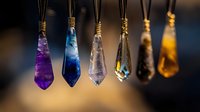 Colorful crystal pendants with wire wrapping hanging in row against dark background, featuring purple, blue and amber gemstones. Mystical jewelry display.