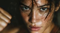 Young athletic woman with wet hair and intense gaze after workout, showing determination and strength in fitness lifestyle portrait.