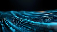 Glowing blue digital wave pattern with binary code particles flowing in dark background, representing data streams and network connectivity in technology.
