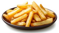 Golden crispy french fries served on dark plate isolated on white background ready for restaurant menu design and fast food advertising materials.