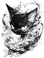 Black and white artistic cat face emerging from swirling ink splashes and dynamic brush strokes, mysterious feline eyes glowing against dark abstract background.