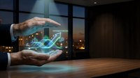 Business professional hands protecting holographic financial growth chart with upward arrow trend in modern office environment for investment presentations.
