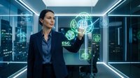 Professional businesswoman interacting with holographic ESG sustainability interface in modern corporate office environment for environmental reporting.