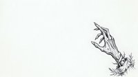Skeletal hand emerging from ground with dried plants and roots, isolated on white background for design, clipart, and tattoo artwork applications.