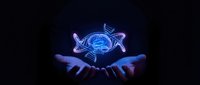 Hands presenting glowing blue holographic brain with neural network connections on dark background for technology and artificial intelligence concepts.