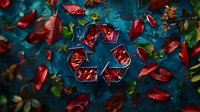 Red autumn leaves scattered around glowing recycle symbol on dark blue textured background creates environmental conservation concept.