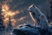 Majestic white wolf standing on snowy cliff edge against dramatic sunset sky with glowing clouds and falling snow in winter forest landscape.