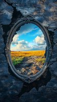 Ornate vintage mirror on weathered wall reflects serene landscape with golden wheat field, rocky path and dramatic clouds in bright blue summer sky.