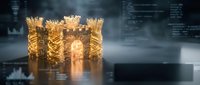Golden digital crown with glowing light effects on futuristic technology background with code elements for luxury branding and premium design concepts.