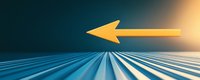 Yellow arrow pointing left on abstract blue striped perspective background with light effect, modern minimalist design for business and technology concepts.