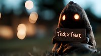 Mysterious glowing eyes peek out from dark hooded figure with Trick or Treat sign against blurred bokeh lights background, creating spooky Halloween atmosphere.