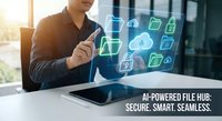 Young professional man using smartphone with holographic cloud storage interface displaying digital file management icons in modern office environment.