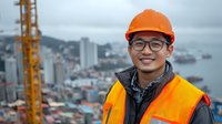 Young Asian male construction engineer in orange safety helmet and reflective vest smiling at construction site overlooking urban cityscape with harbor view.