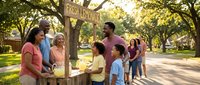Diverse group of volunteers posting flyers on wooden community bulletin board in sunny park, promoting local events and neighborhood awareness for nonprofit organizations and grassroots campaigns.