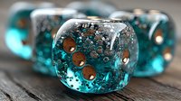Transparent turquoise dice with bubbles and copper dots arranged on wooden surface, showing gaming equipment with artistic macro photography detail.