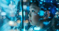 Young Asian boy looking at glowing digital screen with fascination, surrounded by blue bokeh lights and technology interface reflections in dark environment.