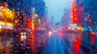 Atmospheric rainy cityscape through wet window with colorful bokeh lights and water drops creating moody urban background perfect for themes of solitude, weather, or modern city life.