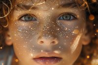 Close-up portrait of young child with curly hair and blue eyes, face covered in golden glitter and sparkles creating magical atmosphere.