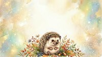 Cute hedgehog with autumn leaves and berries on watercolor background with golden bokeh lights for greeting cards and seasonal decorations.
