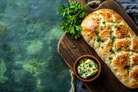 Freshly baked artisan bread loaf with herb butter and parsley on rustic wooden cutting board against textured teal background. Food photography setup.