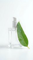Clear glass pump bottle with fresh green leaf and water droplets on white background for natural skincare and cosmetic product packaging design.