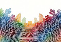 Colorful watercolor cityscape silhouette with geometric tribal patterns and decorative borders, isolated on white background for design projects and creative compositions.