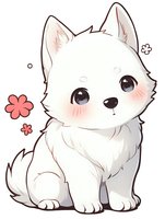 Adorable white puppy in kawaii anime style with big sparkling eyes and pink floral elements on white background, suitable for children's products and stationery design.