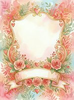 Ornate floral frame with roses, hearts, and decorative scrollwork on watercolor background, isolated on white space for greeting cards, invitations, and design projects.