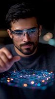 Hispanic male professional wearing smart glasses interacts with futuristic holographic interface displaying glowing network connections and digital data visualization.
