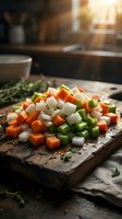 Fresh diced vegetables on wooden cutting board in warm kitchen light. Colorful carrots, celery, onions chopped for cooking. Healthy meal preparation concept.