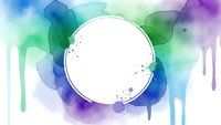 Abstract watercolor splash background with white circle frame and paint drips in blue, green, purple gradient colors for creative design projects.