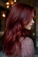 Young woman with luxurious burgundy red hair in soft waves wearing cozy sweater in warm salon setting with bokeh lights for beauty and haircare concepts.